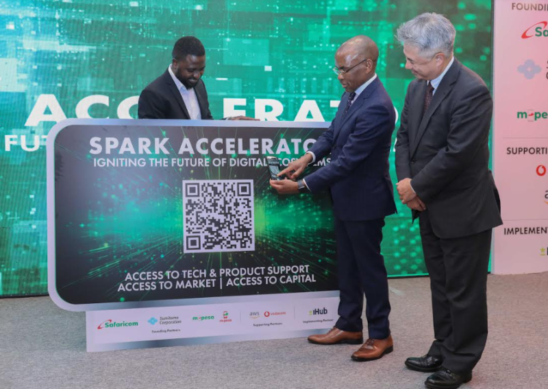 Mpesa Africa Chief Commercial Officer, Felix Kamenga (L) and Sumitomo Corporation, Africa Managing Director Tadao Saida and Safaricom PLC CEO Peter Ndegwa during the launch of the Spark Accelerator program for start-ups.